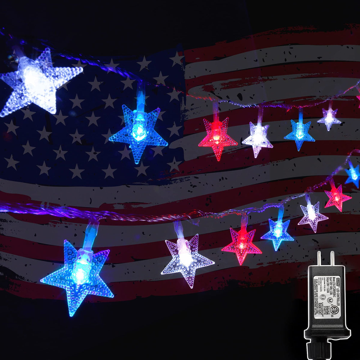 Twinkle Star red white blue star lights for patriotic decor and outdoor ambiance.