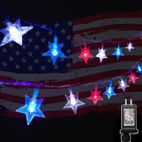Twinkle Star red white blue star lights for patriotic decor and outdoor ambiance.