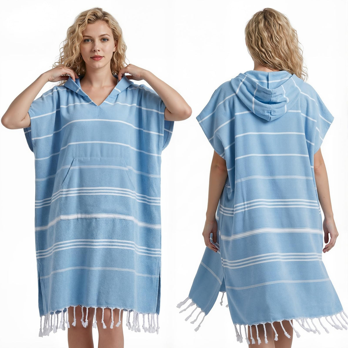 Twistover large Turkish towel poncho blue showing spacious coverage for beach changes