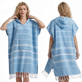 Twistover large Turkish towel poncho blue showing spacious coverage for beach changes