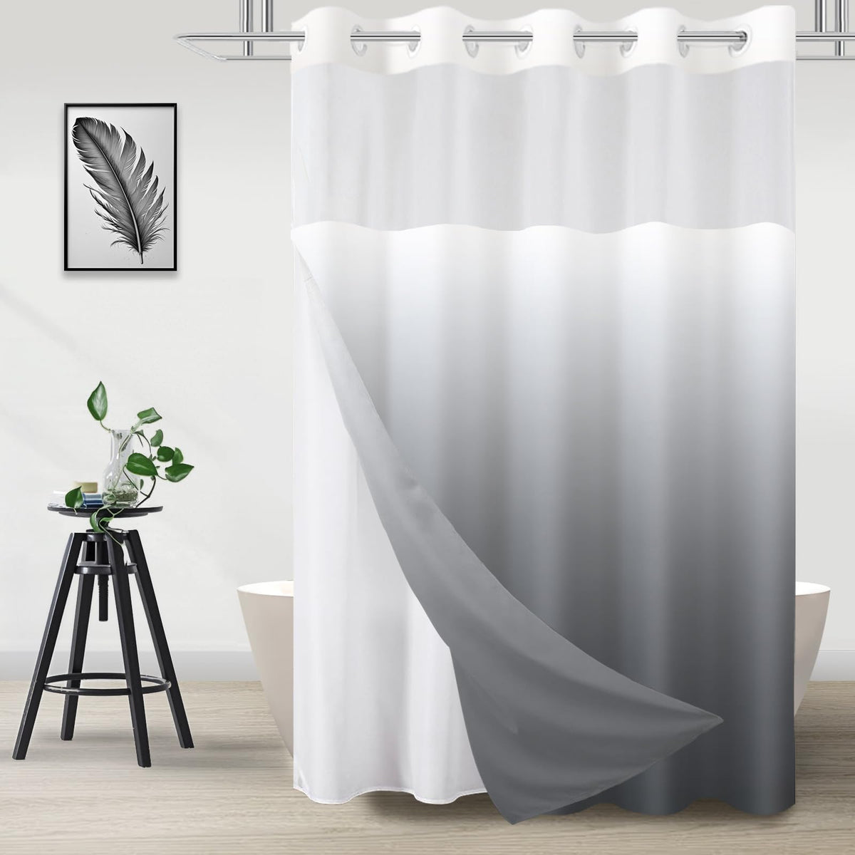 TWLSNCD no-hook shower curtain with snap-in liner for quick setup and smooth operation.