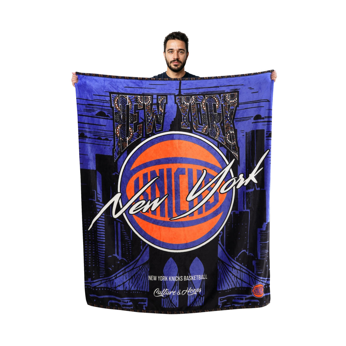60 by 70 inch Two Hype Knicks throw provides full coverage.