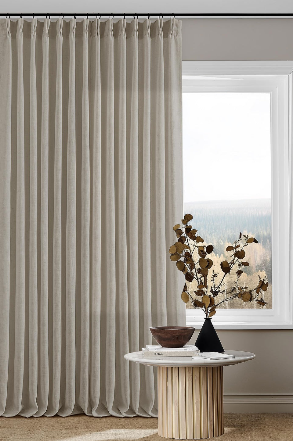 TWODRAPES 102-inch linen curtains in tan offer soft light diffusion and privacy.