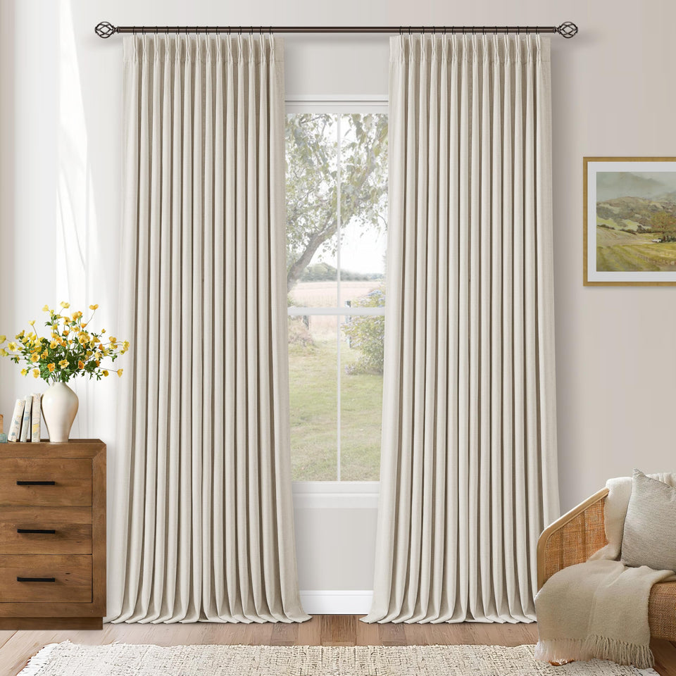 TWODRAPES 105 inch blackout ivory curtains with pinch pleat for privacy and light control