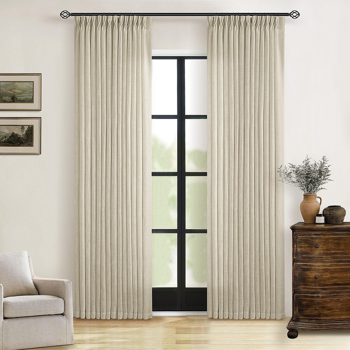 TWODRAPES 108 inch linen curtains with two panels and pleats enhance living room privacy and style.