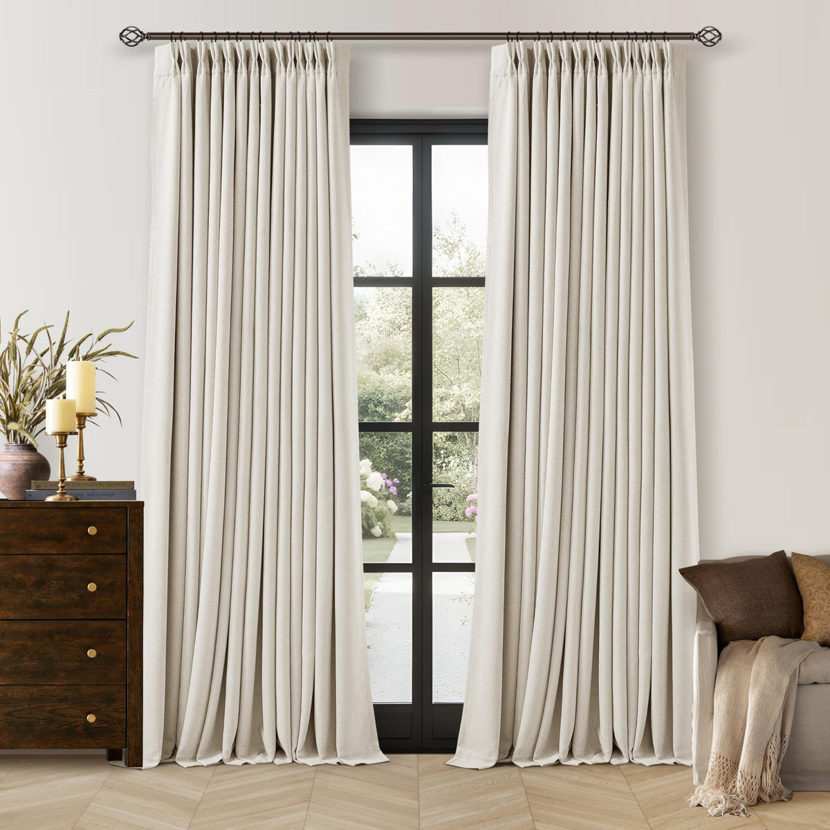 TWODRAPES 90-inch pinch pleated blackout cream ivory curtain panel blocks sunlight and enhances privacy