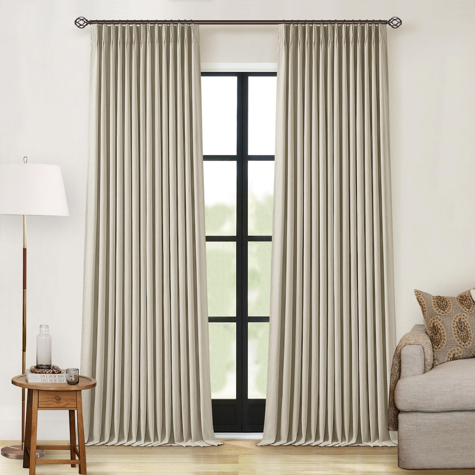 TWODRAPES 90-inch linen blackout curtains with pleated panels for enhanced privacy and light control.