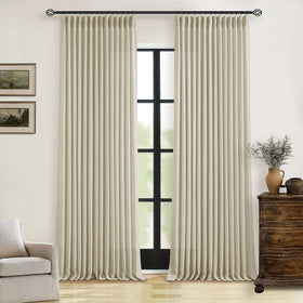 TWODRAPES 90-inch linen pinch-pleat curtain closeup highlights rich flax texture for a refined living room