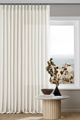 TWODRAPES pinch-pleat linen curtains close-up fabric texture with premium look