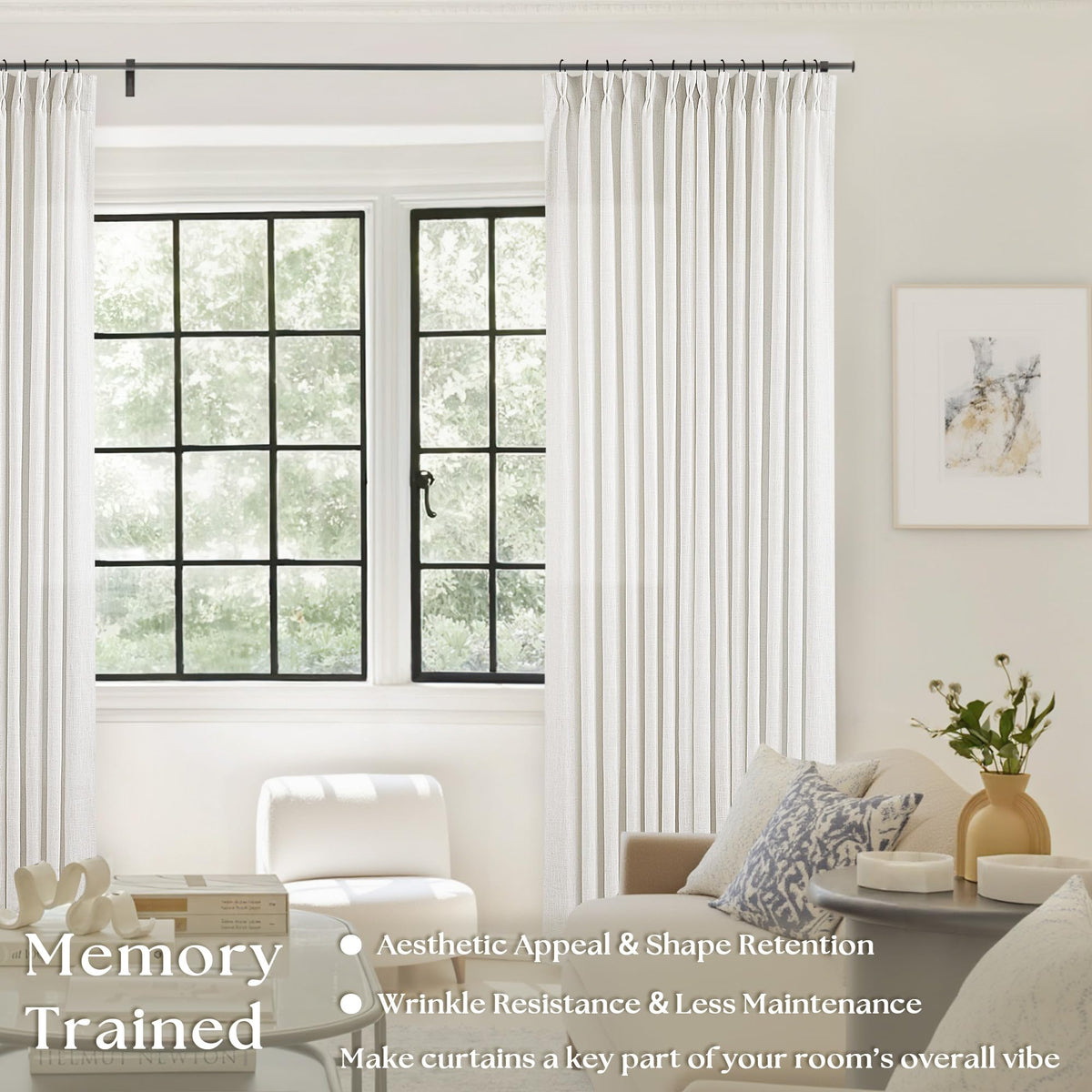 TWODRAPES pinch-pleat detail on beige-white linen curtains with tidy folds.