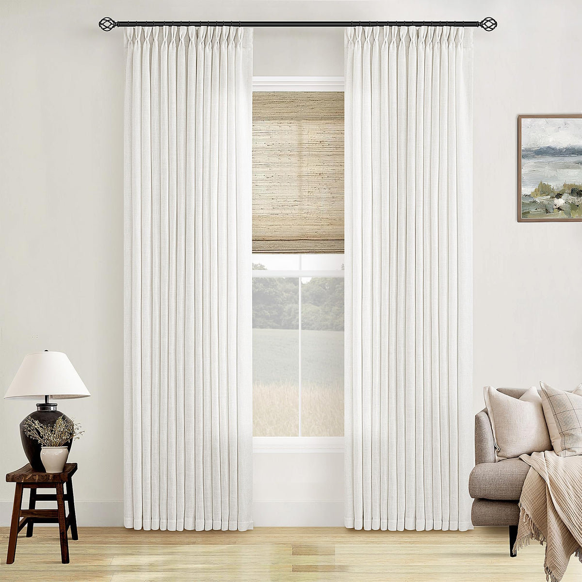 TWODRAPES beige white linen curtains front view with soft texture for living spaces