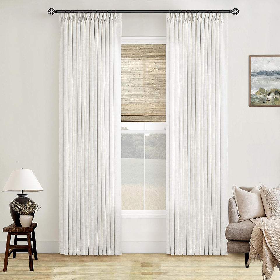 TWODRAPES beige white linen curtains front view with soft texture for living spaces