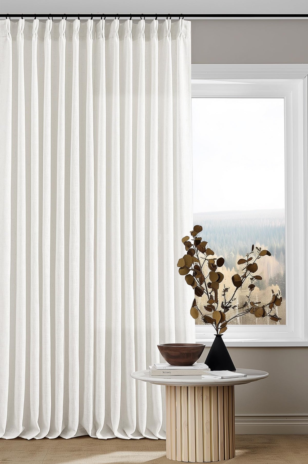 TWODRAPES beige-white pinch-pleat curtains, 105-inch length for living room ambiance