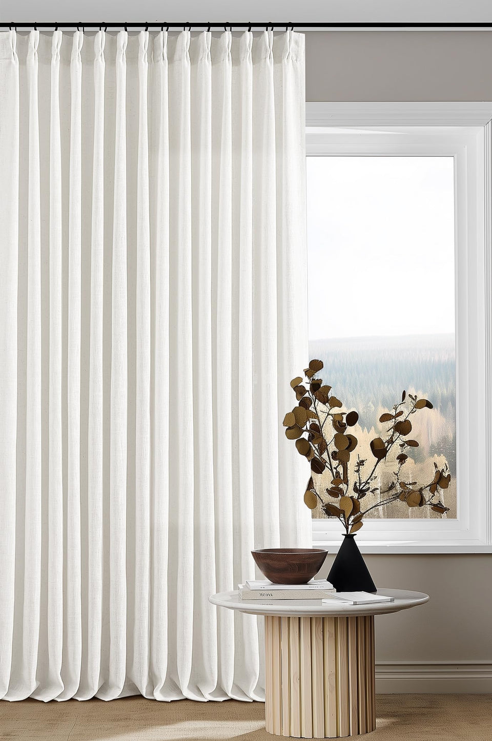 TWODRAPES beige-white pinch-pleat curtains, 105-inch length for living room ambiance