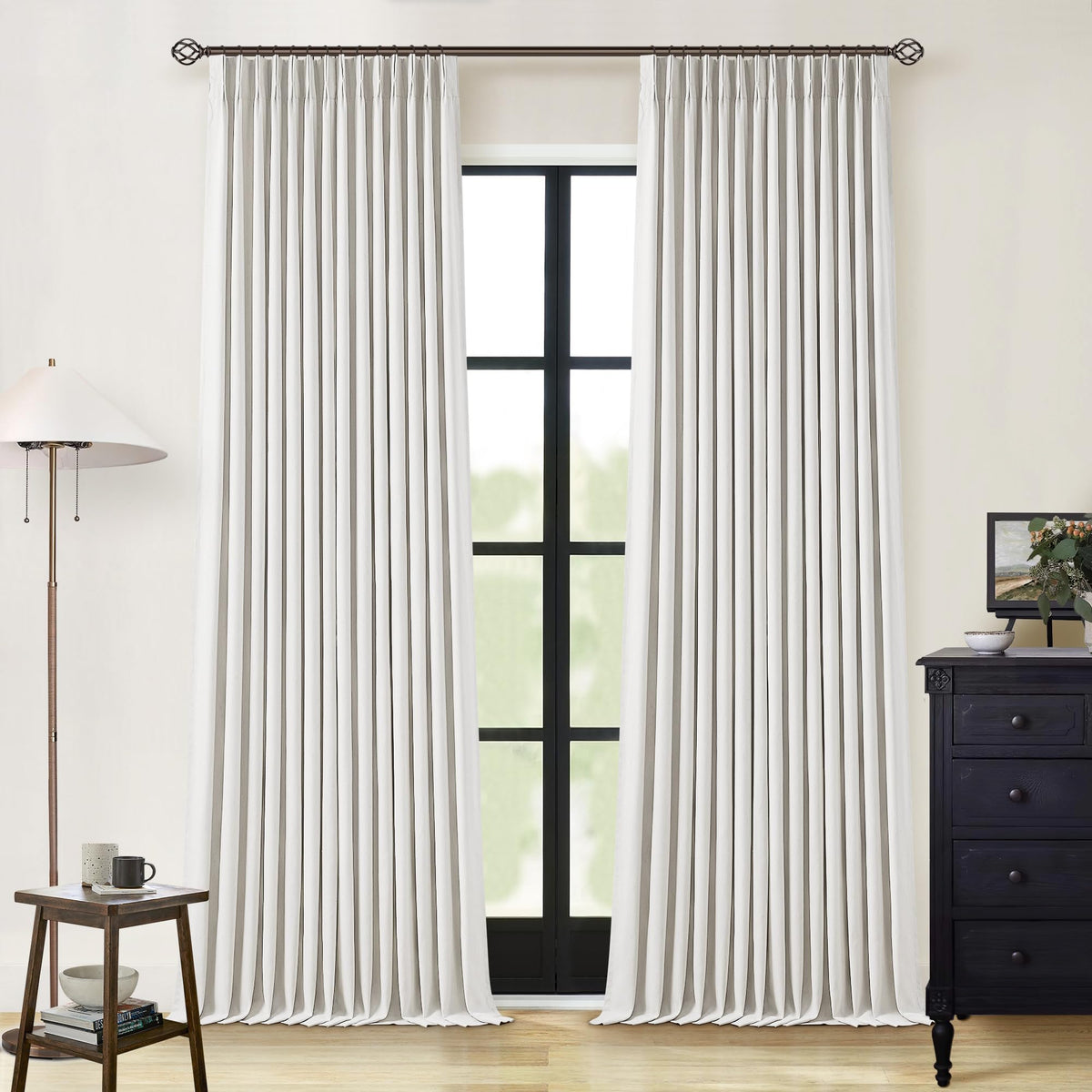 TWODRAPES beige-white pinch pleat curtains 2-panel 96-inch for privacy and light control.
