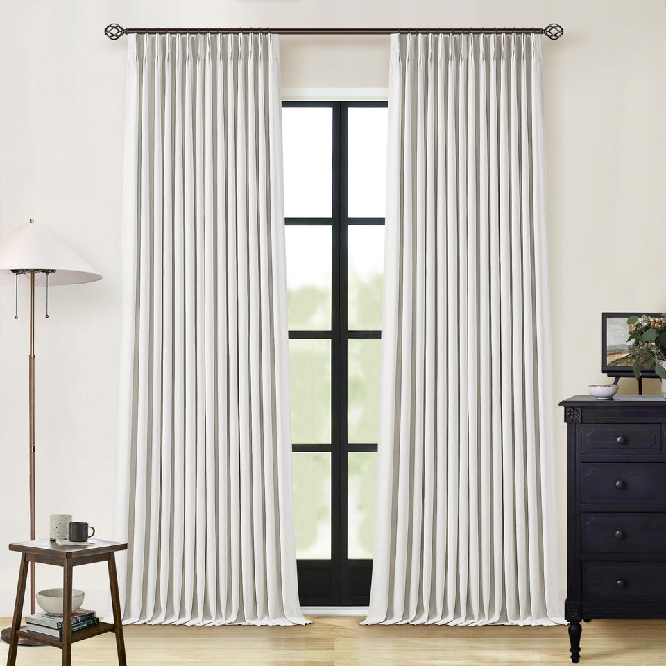 TWODRAPES beige-white pinch pleat curtains 2-panel 96-inch for privacy and light control.