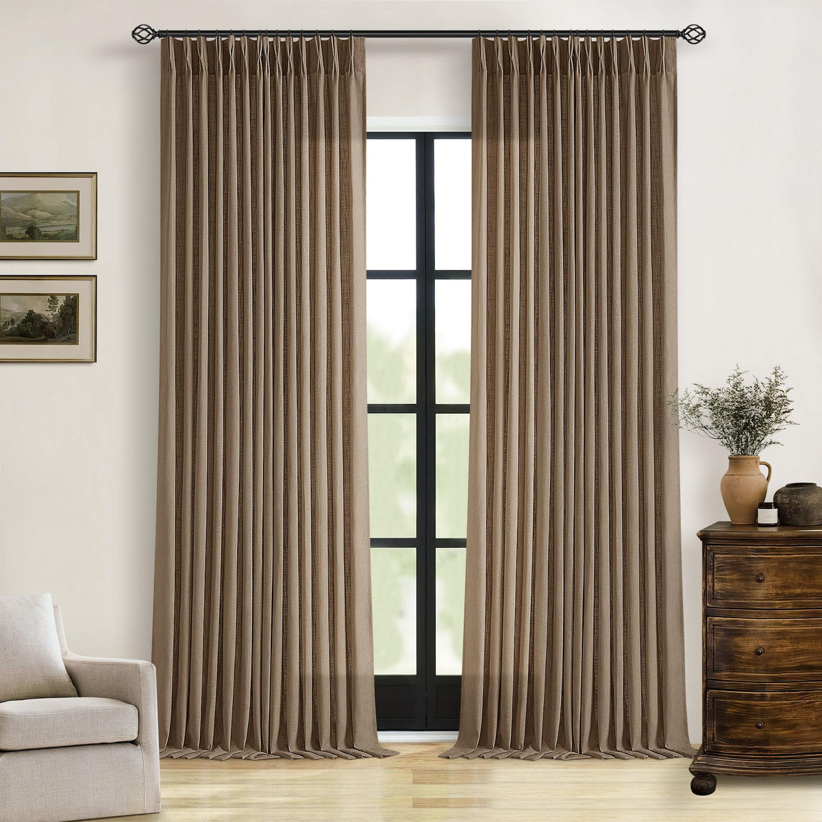 TWODRAPES brown pleated linen curtains offer an overview look for living spaces
