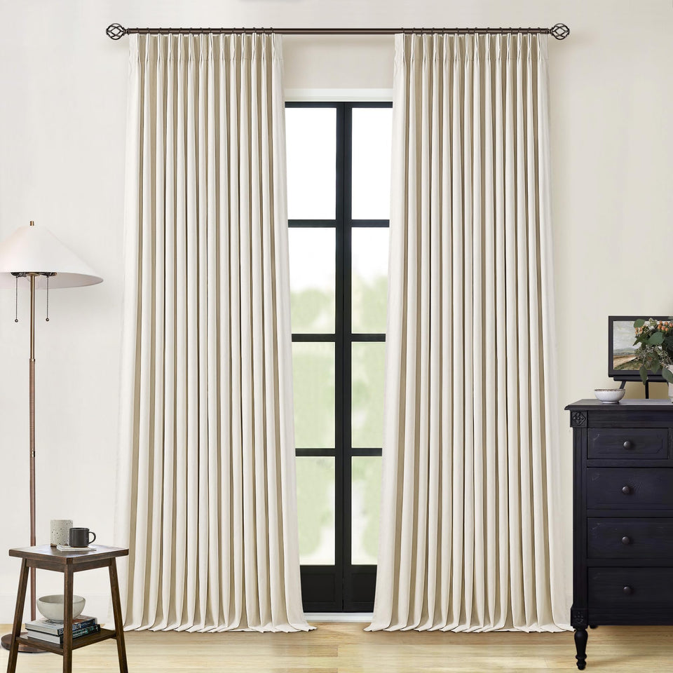 TWODRAPES cream beige linen blackout curtains panel close-up showing texture and finish