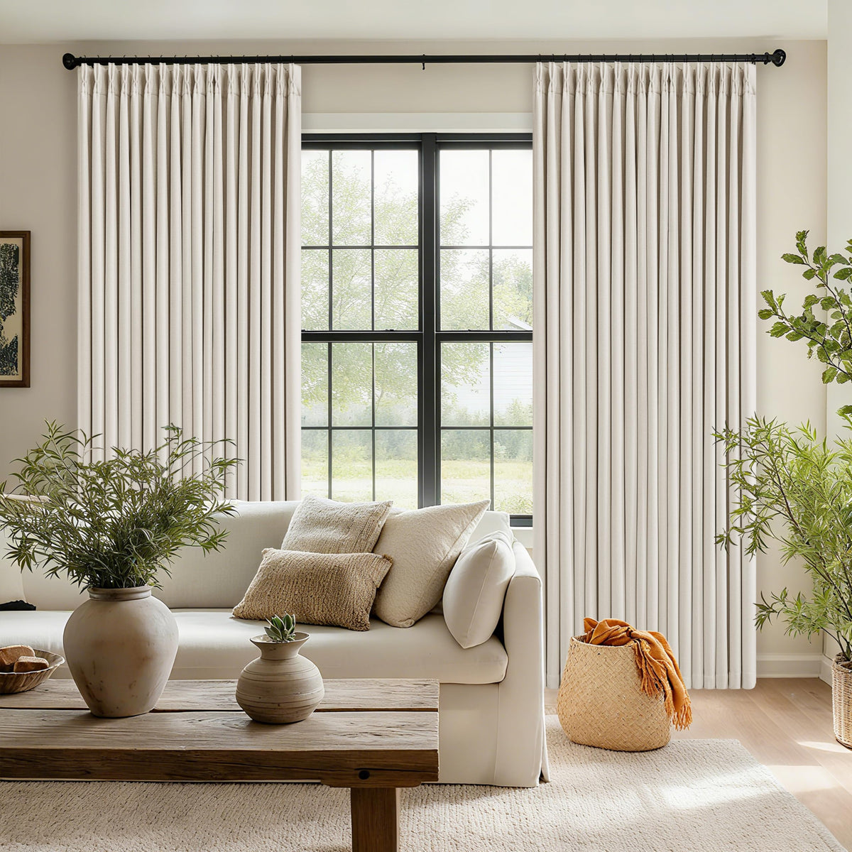 TWODRAPES cream linen texture adds refined ambiance.