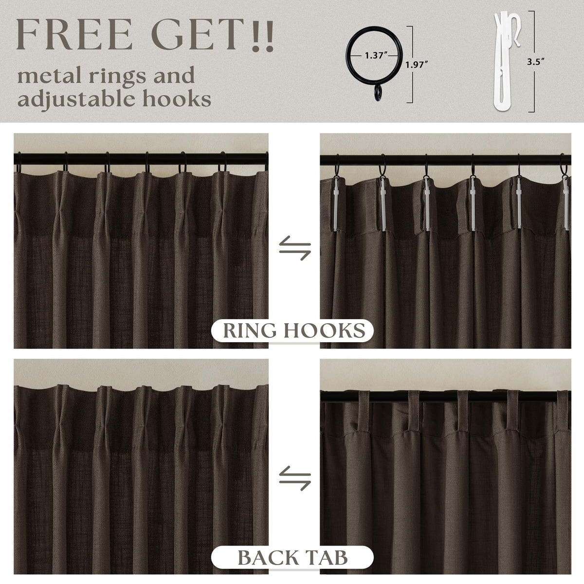 TWODRAPES ready-made panels include hooks and rings for easy setup