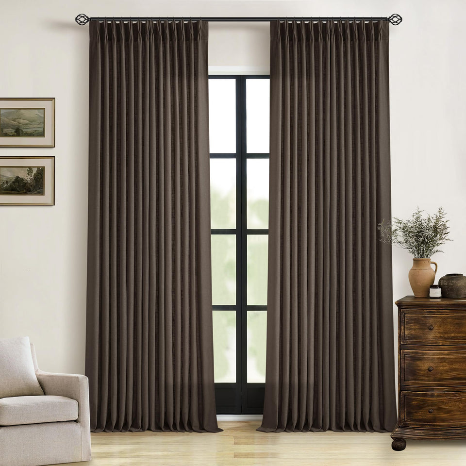 TWODRAPES Dark Chocolate curtains pinched pleats close-up showing refined texture and privacy.