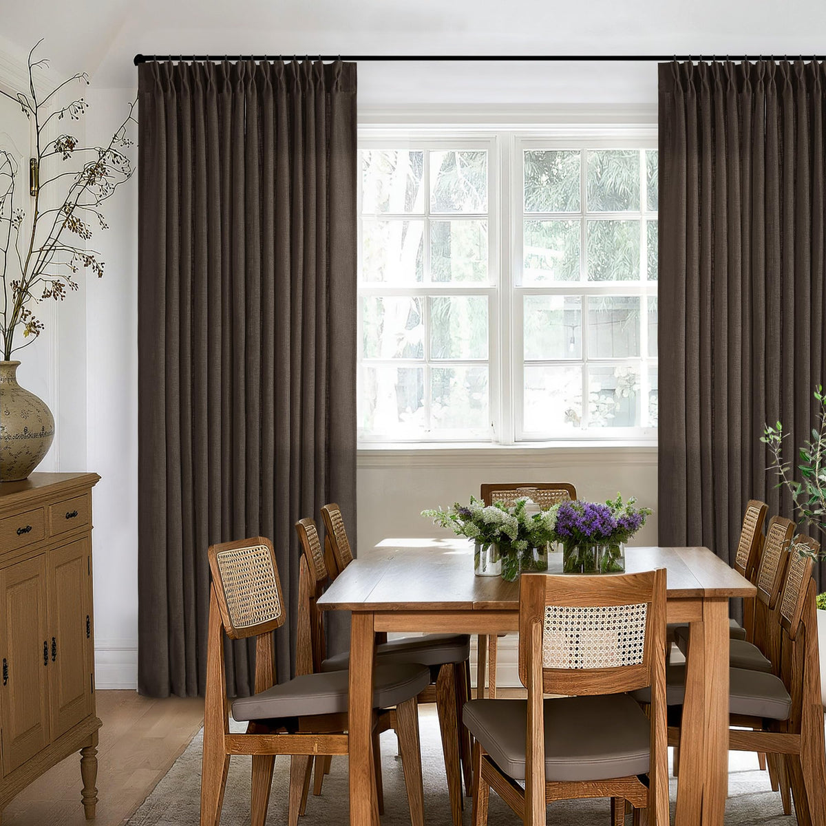 TWODRAPES living room setup featuring dark chocolate curtains