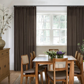 TWODRAPES living room setup featuring dark chocolate curtains