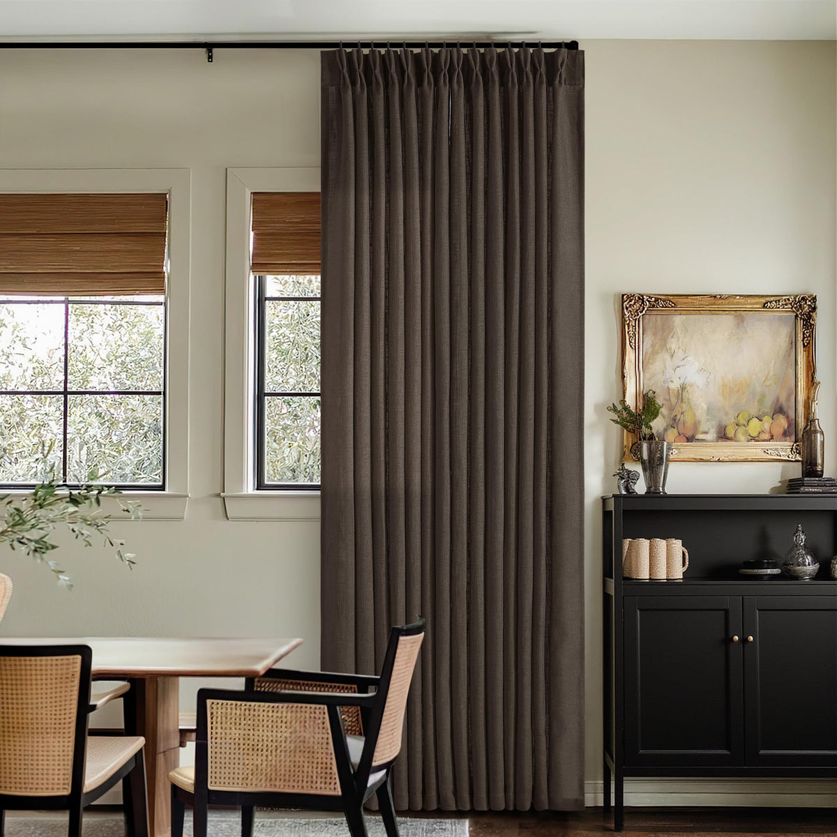 TWODRAPES Dark Chocolate pinch-pleat curtains add privacy with light diffusion