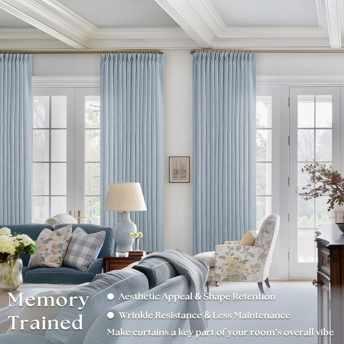 TWODRAPES dusty blue linen curtains create soft texture for bedrooms and dining areas.