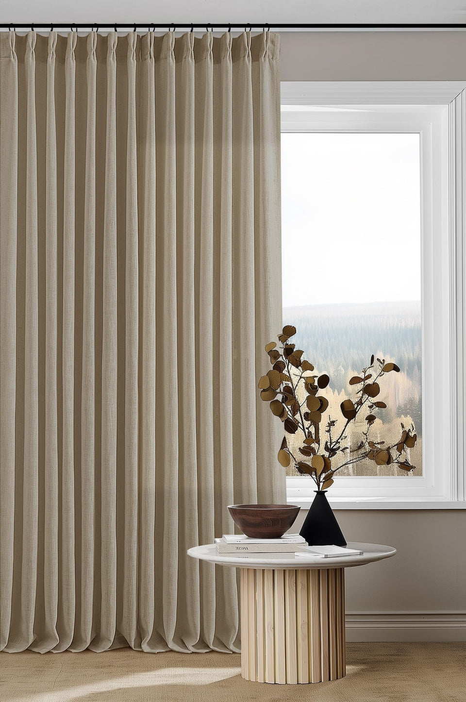 TWODRAPES extra-long curtains showing rich flax texture for a refined living room vibe.