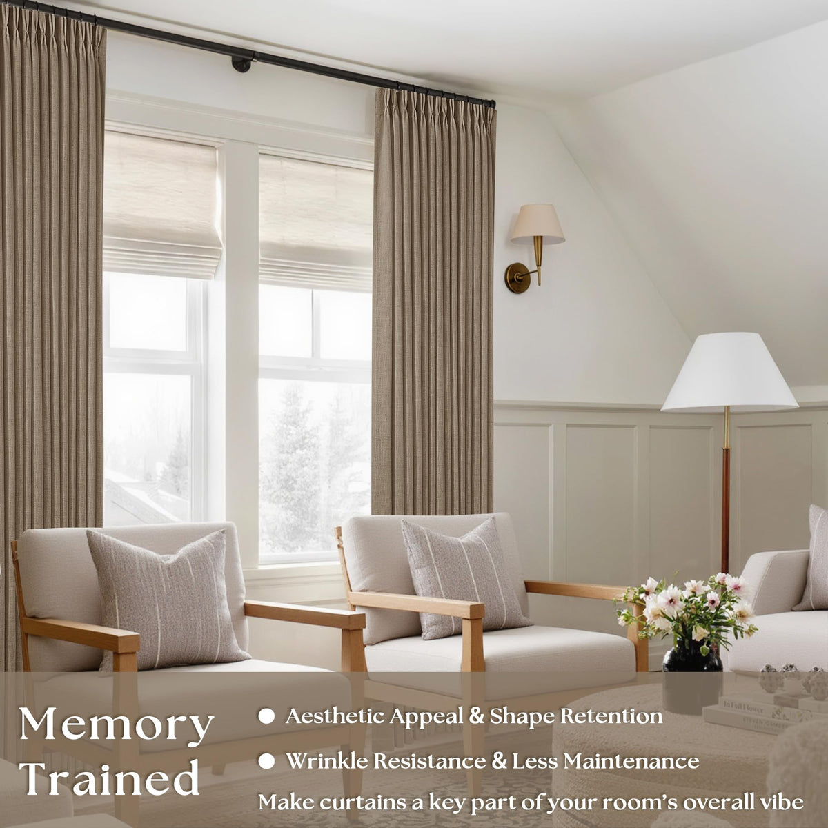 TWODRAPES light brown linen curtains dining room setup diffuse natural light