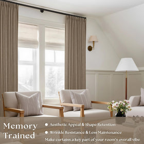 TWODRAPES living room setup with light-filtering tan-brown linen curtains.