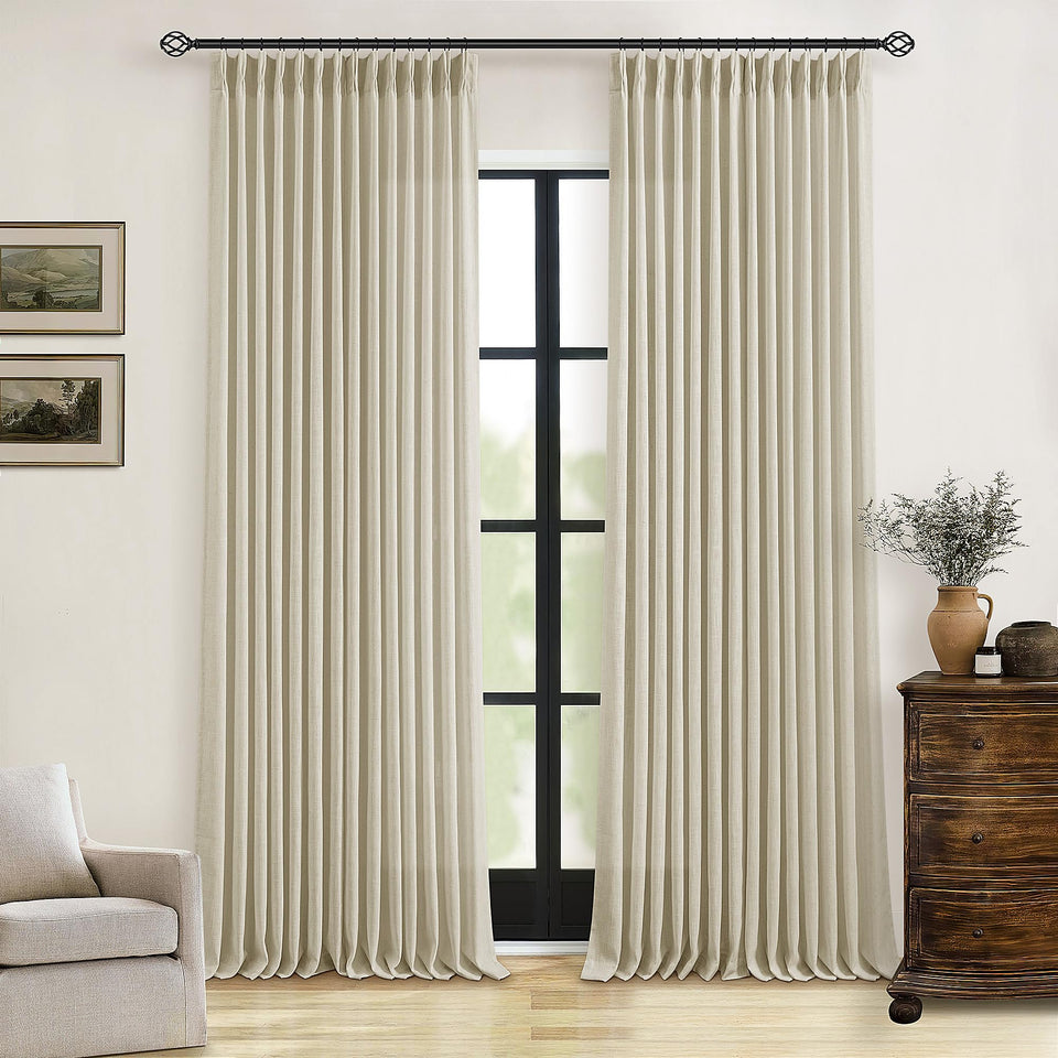 TWODRAPES linen flax curtains pinch pleat closeup highlights textured flax aesthetic and premium feel