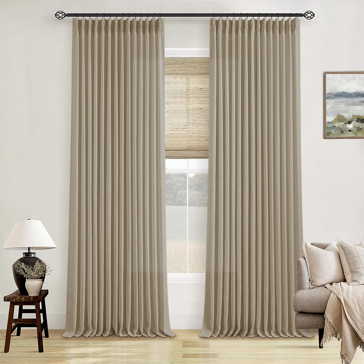 TWODRAPES neutral curtains elevate room ambiance with warm tan-beige tones.