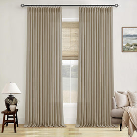 TWODRAPES neutral curtains elevate room ambiance with warm tan-beige tones.