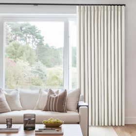 TWODRAPES natural cream linen blackout curtain panel closed for privacy