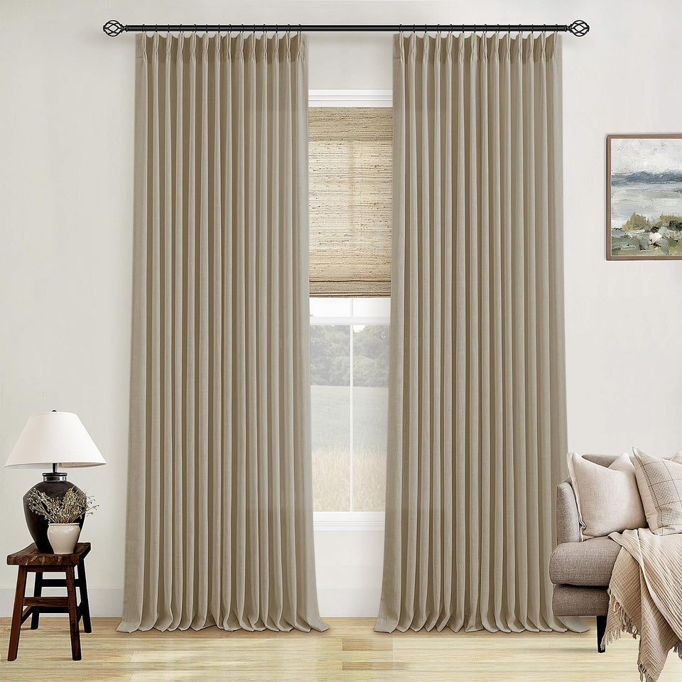 TWODRAPES Neutral Pinch Pleated curtains front view reveal flax texture and privacy-friendly design