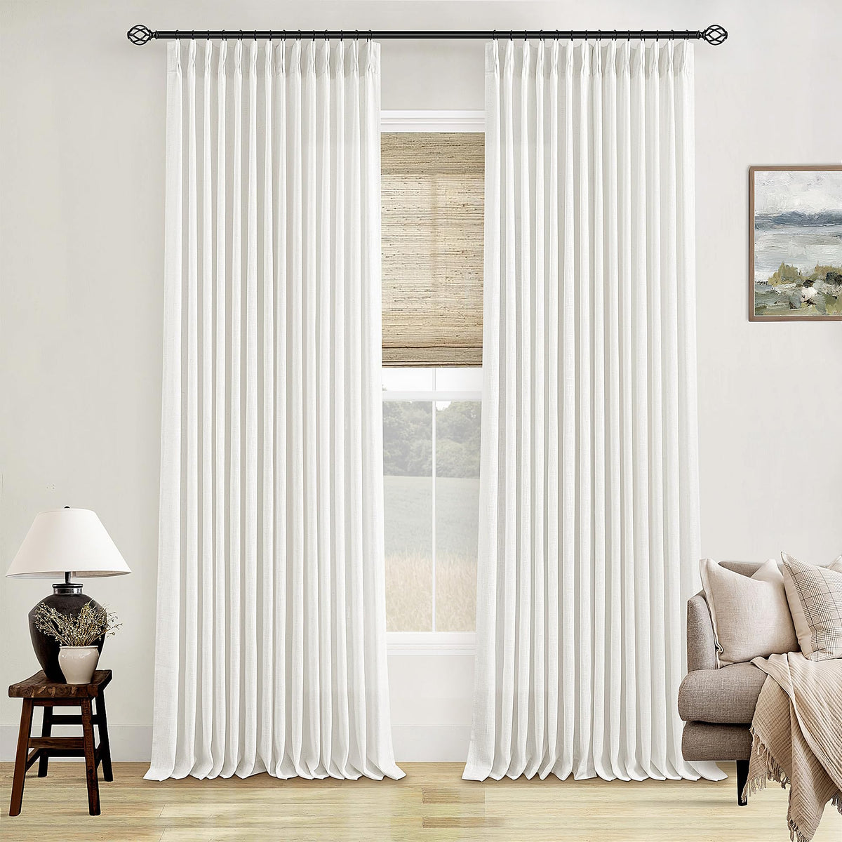 TWODRAPES off-white linen curtains, 102 inches length diffuse light with a luxurious flax texture.