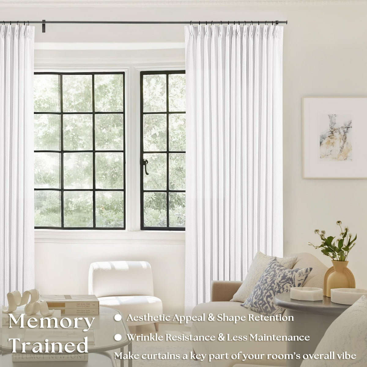 TWODRAPES pinched-pleat curtain displays memory-shape trained folds for a neat look.