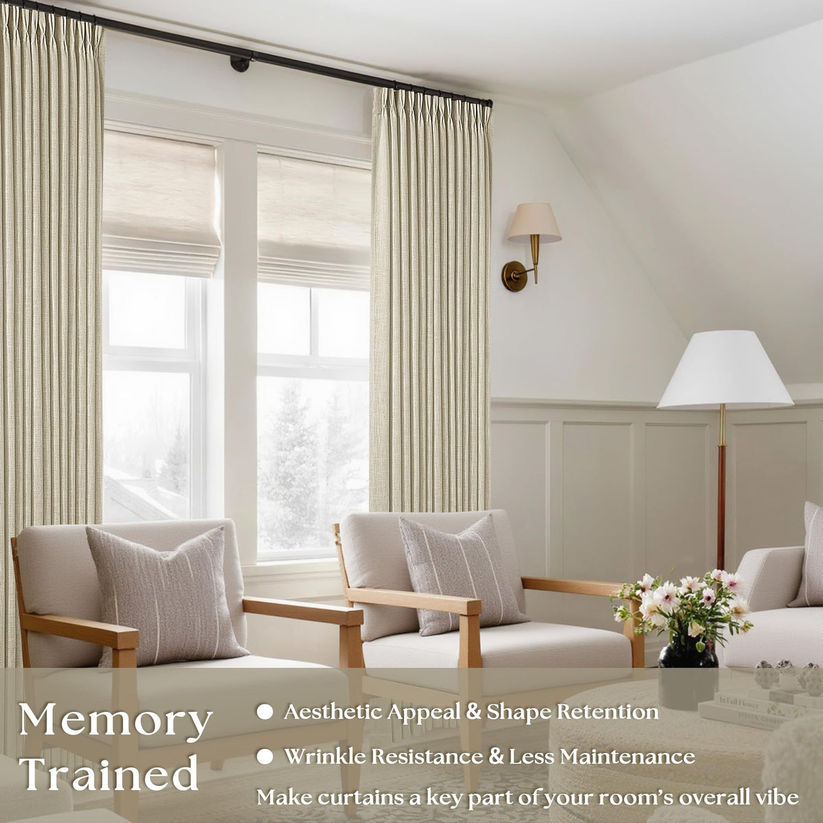 TWODRAPES pinched-pleat curtain close-up showing luxurious folds