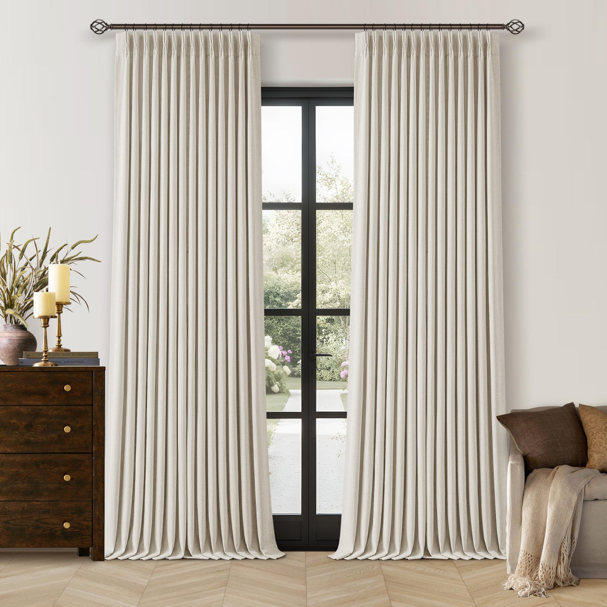 TWODRAPES pinch-pleated curtains in cream block light for privacy.