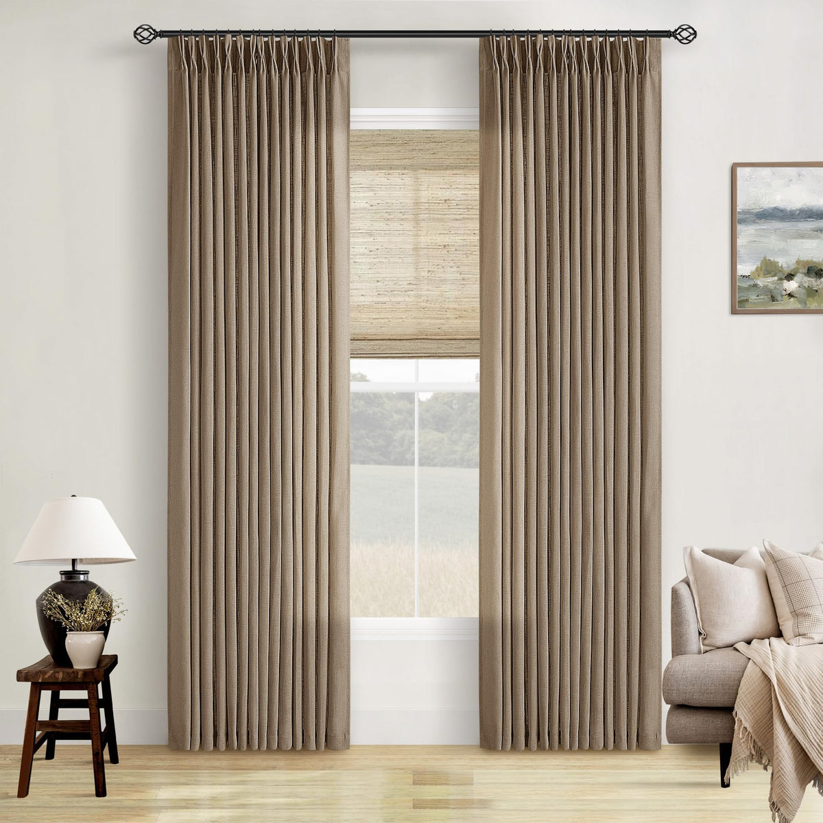 TWODRAPES pinched-pleat linen curtains offer refined drape for living rooms