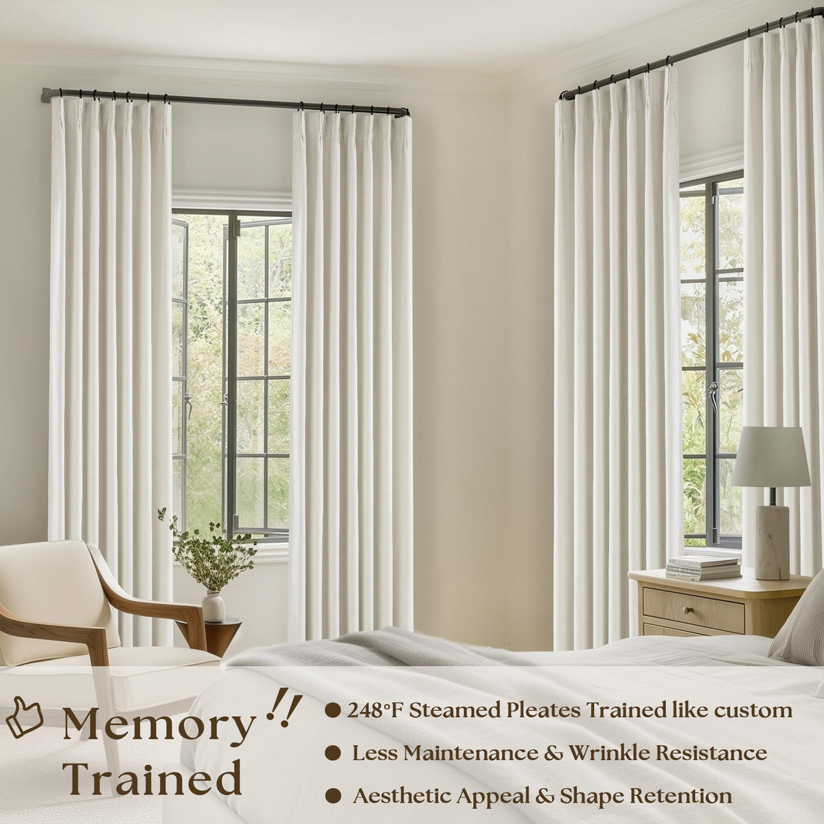TWODRAPES closeup shows pinch pleats and durable linen texture for a tailored look