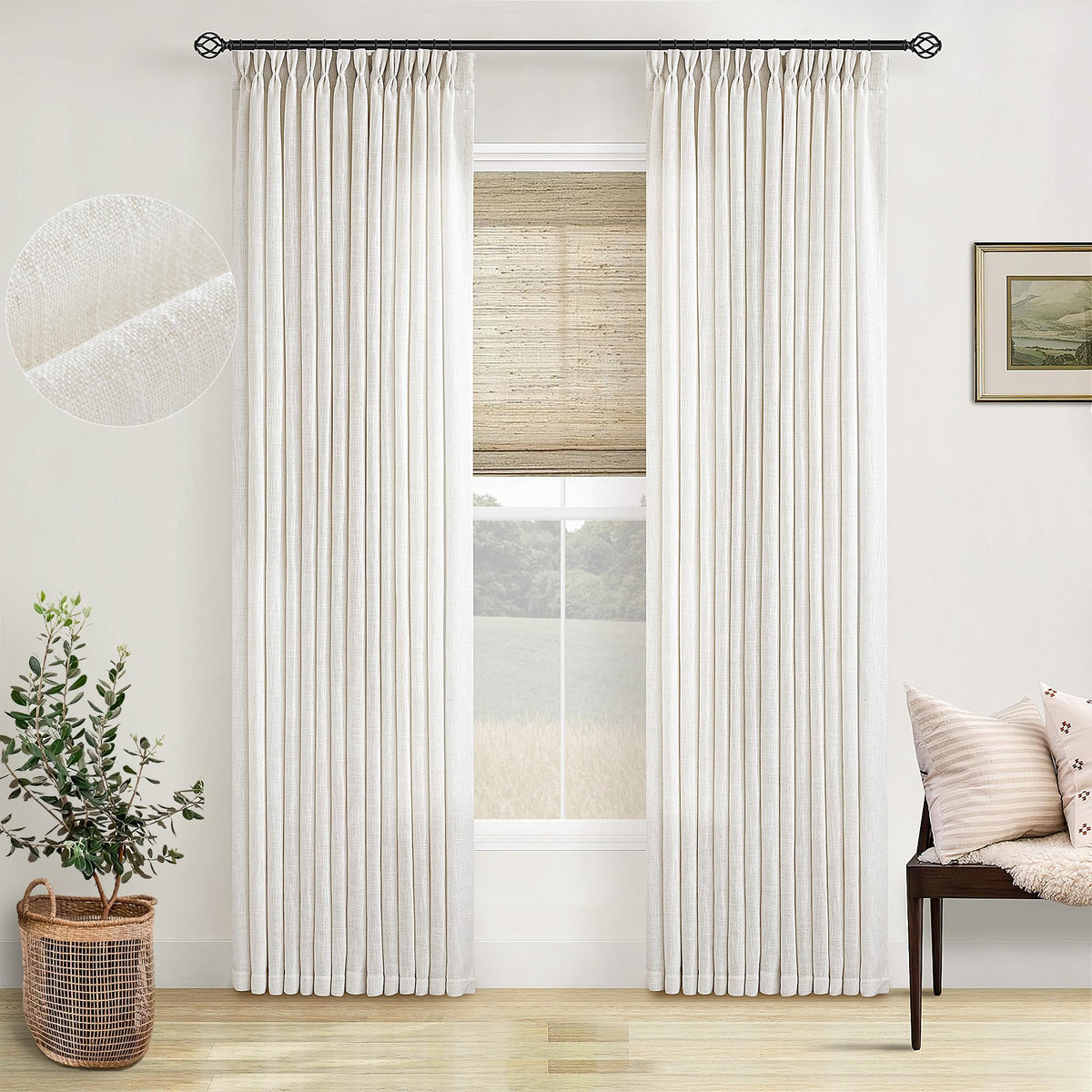 TWODRAPES Pinched Pleated Linen Curtains close-up texture showing premium flax blend