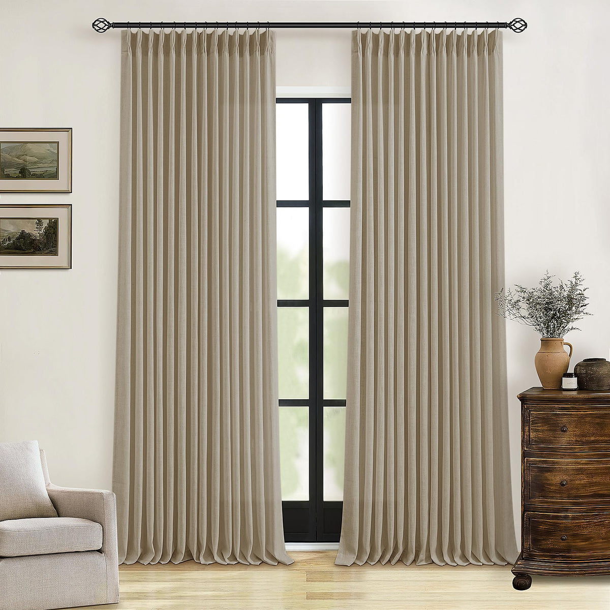 TWODRAPES pleated linen curtains 90in front view for elegant living room privacy