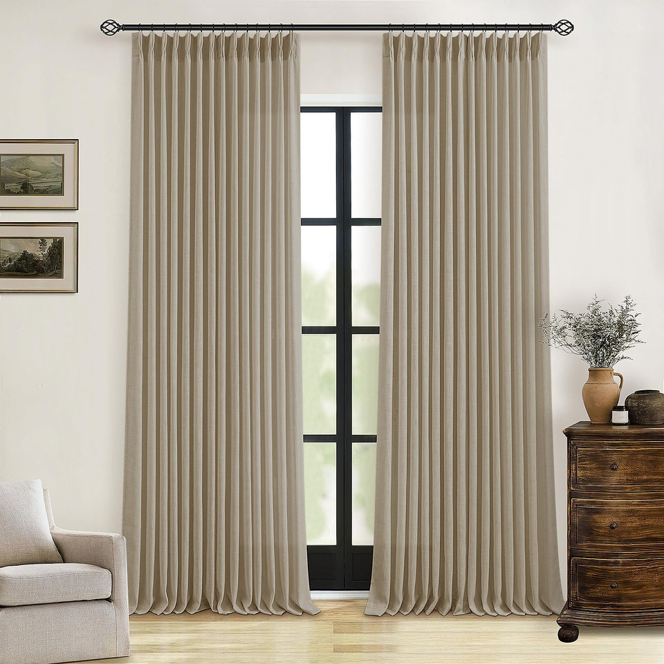 TWODRAPES pleated linen curtains 90in front view for elegant living room privacy