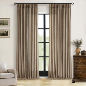 TWODRAPES pleated linen curtains texture close-up highlighting flax weave and natural tones