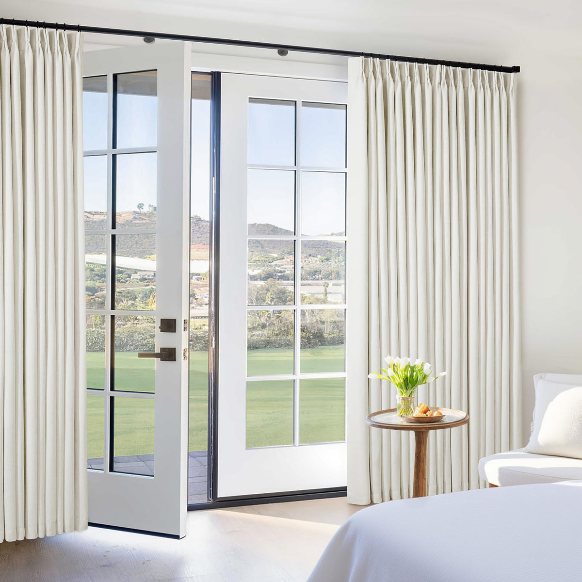 TWODRAPES linen blend texture adds warmth to neutral interiors.