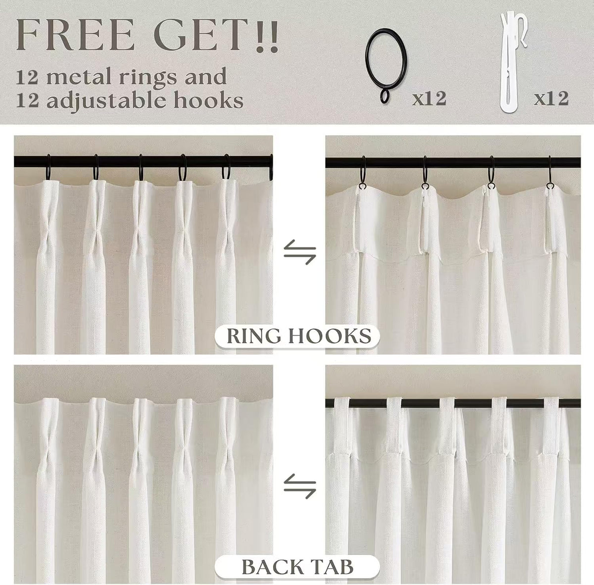 TWODRAPES rings and hooks included for quick, secure hanging