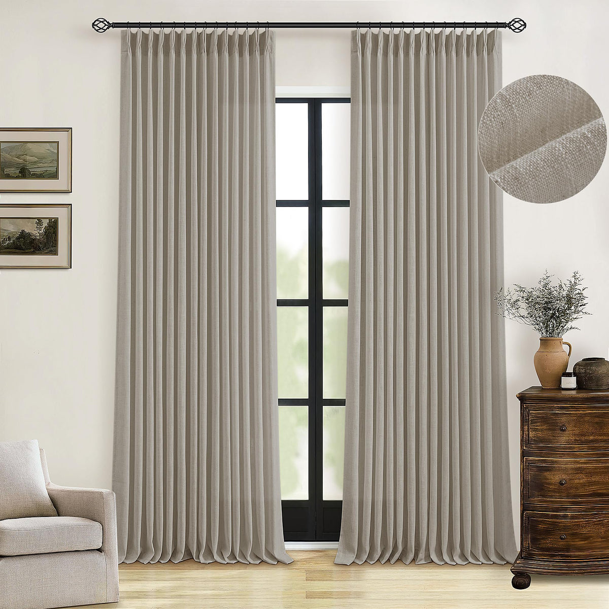 TWODRAPES Taupe Burlywood pinched-pleat curtains, front view, 96-inch length for elegant living spaces.